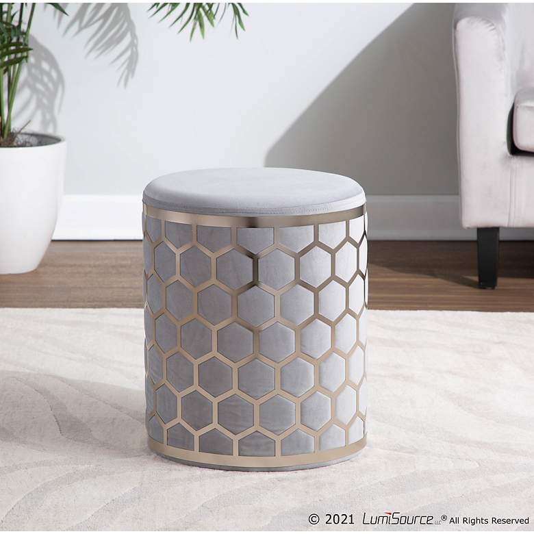 Image 1 Honeycomb Silver Velvet Fabric and Chrome Metal Ottoman