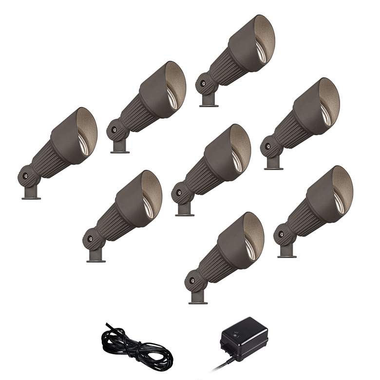 Image 1 Hooded Bronze 8-Piece LED Landscape Spot Light Set