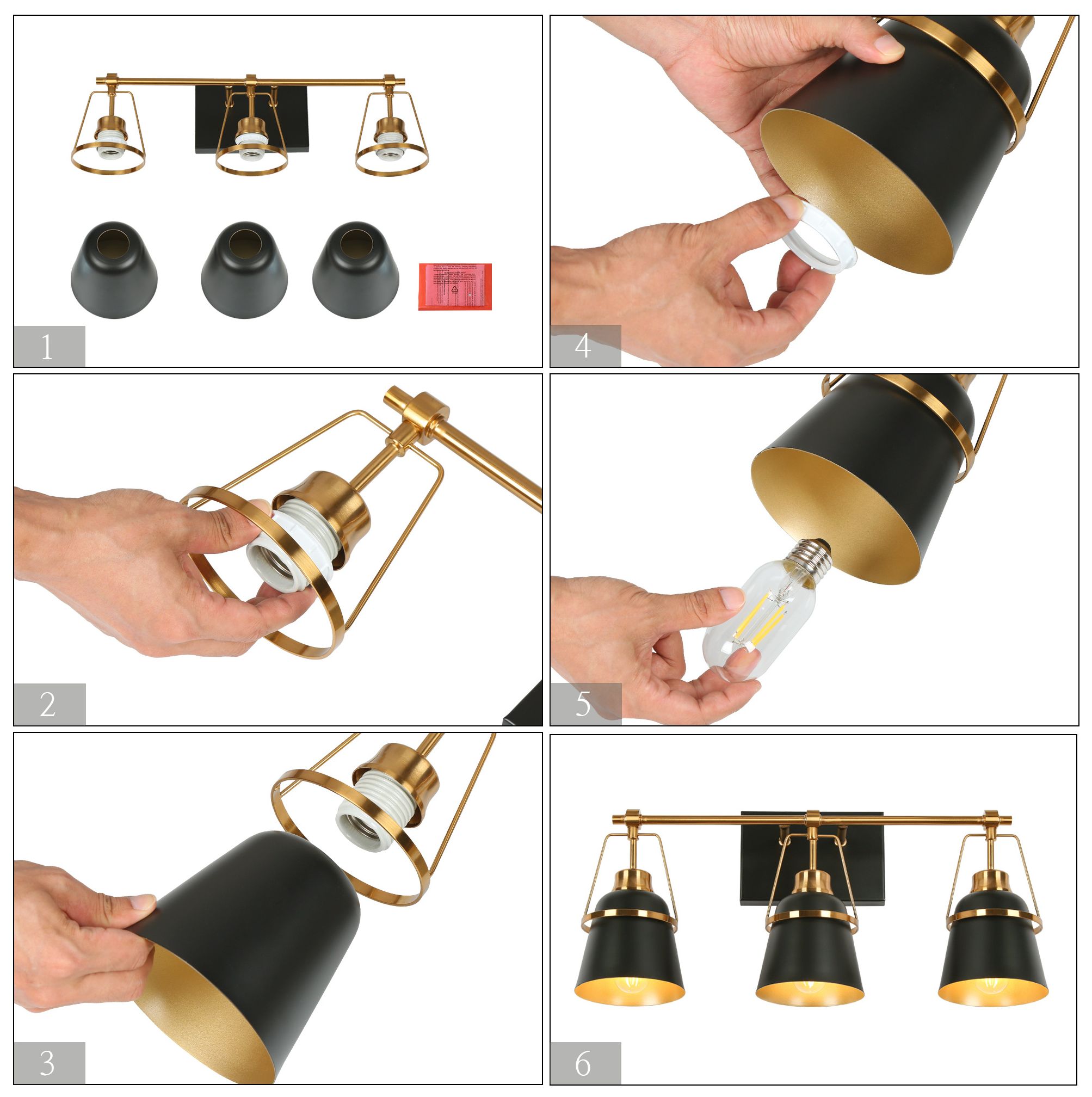Image 7 Hooplia 21.7"W 3-Light Black Brass Metal Cone Bathroom Vanity Light more views