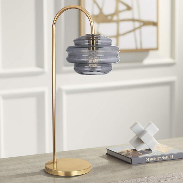 Image 1 Horizon Brass Metal Arc Table Lamp with Gray Glass Shade
