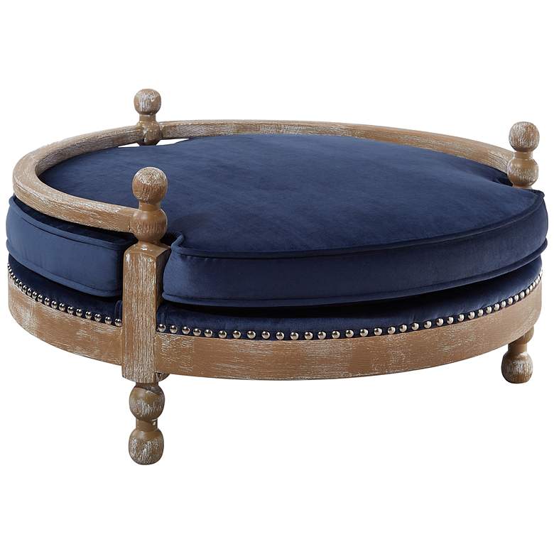 Image 1 Hound Navy Velvet and Oak Wood Pet Bed