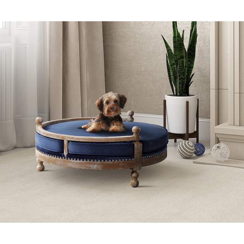 Image 7 Hound Navy Velvet and Oak Wood Pet Bed more views