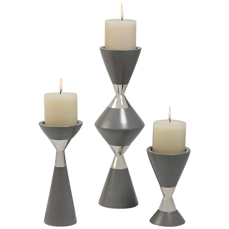 Image 1 Hourglass Gray and Nickel Pillar Candle Holders Set of 3