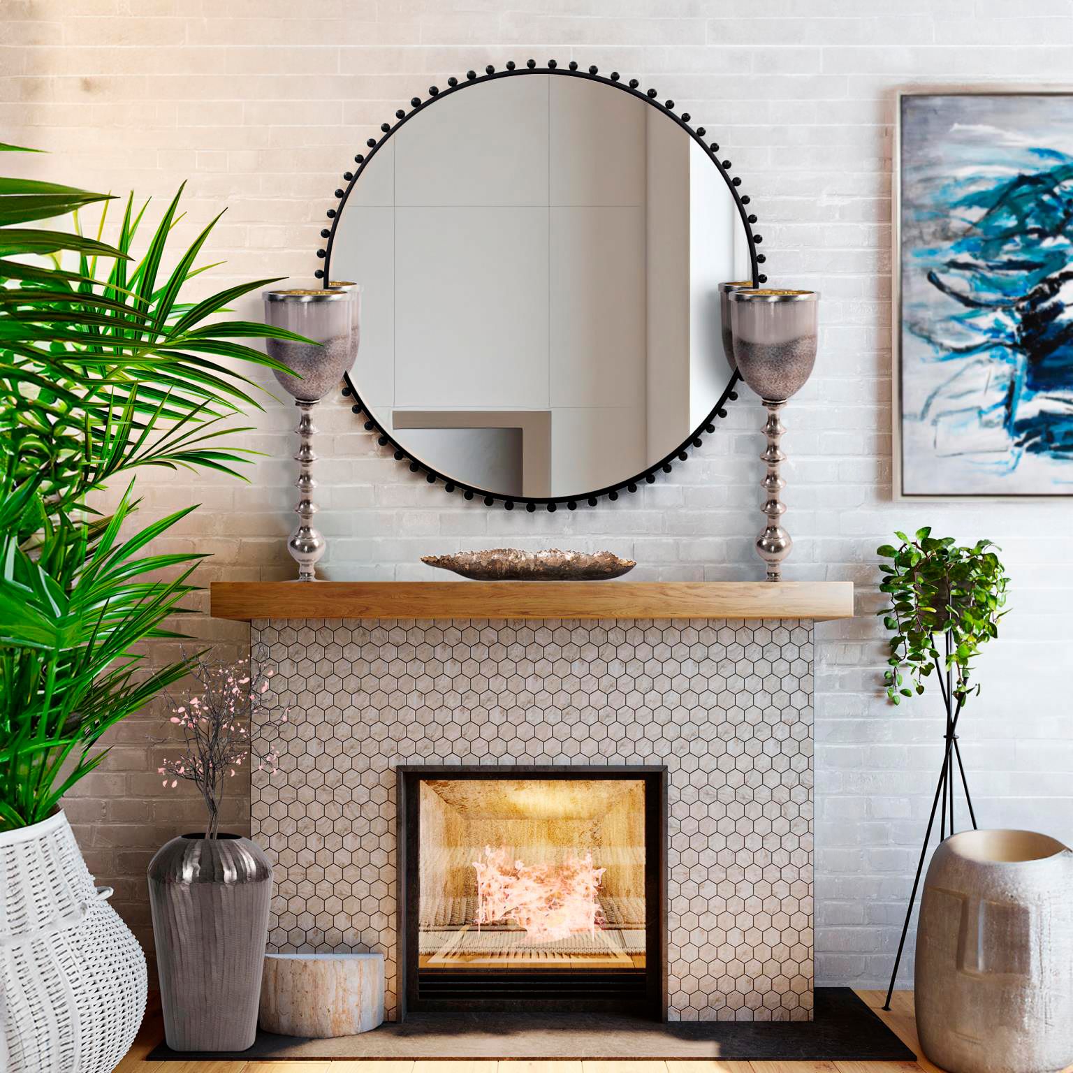 Image 4 Howard Elliott Bellfore Black 36" Beaded Round Wall Mirror more views