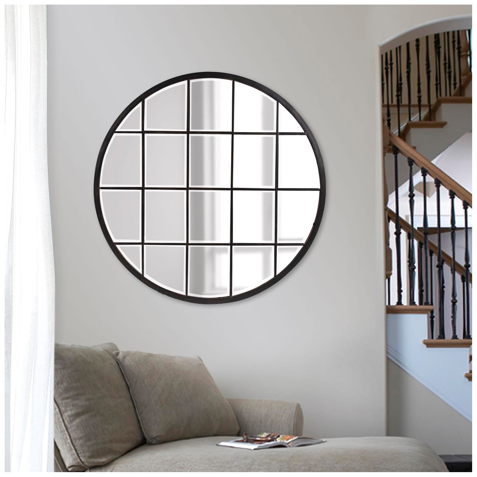 Image 2 Howard Elliott Bronze Round 36" Metal Framed Superior Windowpane Mirro more views