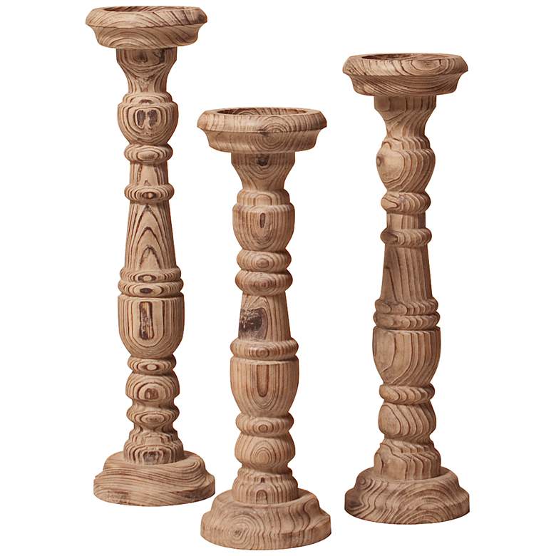 Image 1 Howard Elliott Carved Aged Wood Pillar Candle Holder Set