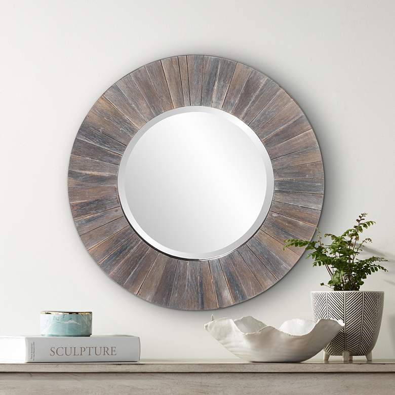 Image 1 Howard Elliott Henley Dark Rustic Wood 18" Round Wall Mirror