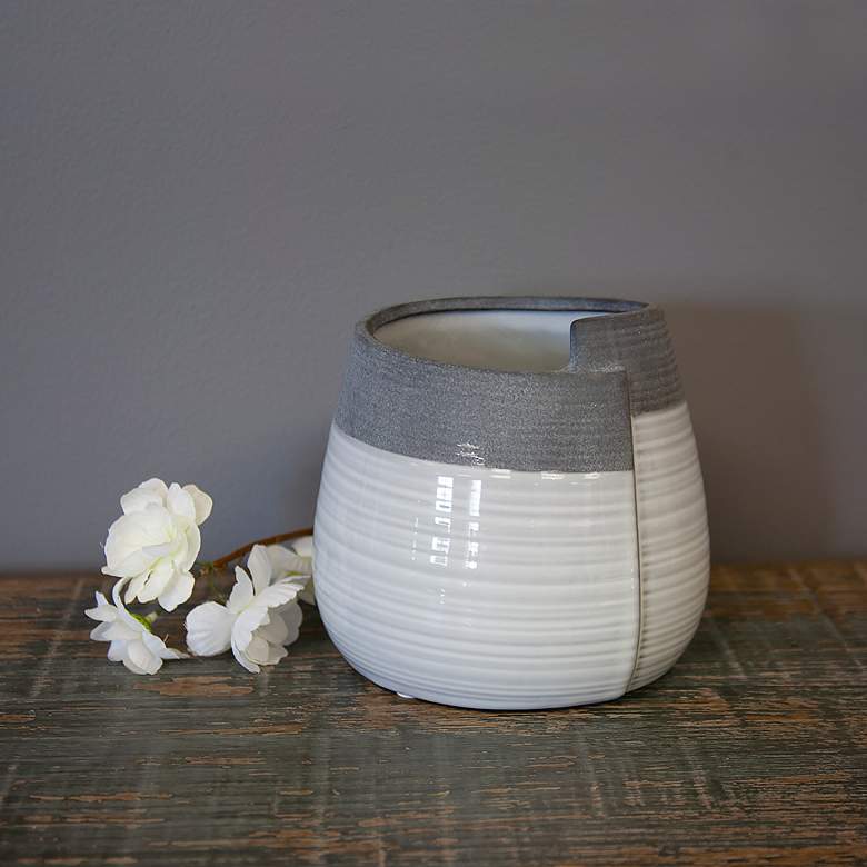 Image 1 Howard Elliott Rolled Two Tone Gray 6 inch High Ceramic Vase