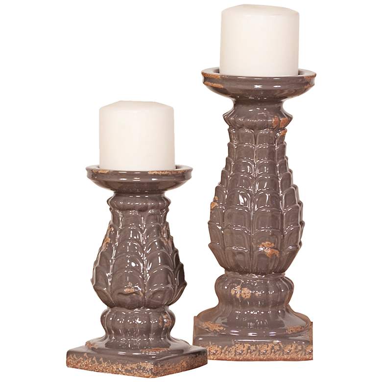 Image 1 Howard Elliott Set of 2 Rustic Gray Pillar Candle Holders