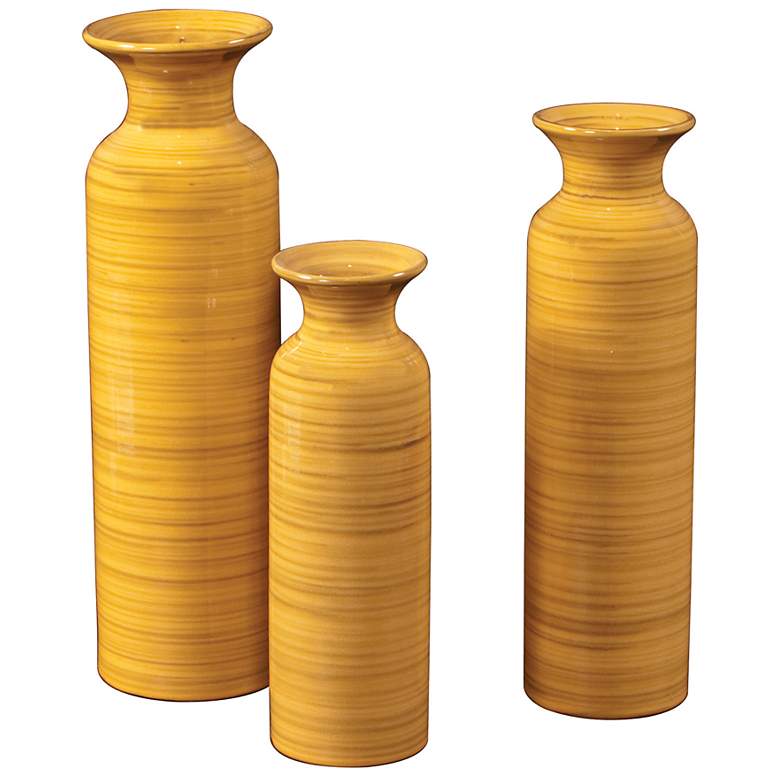 Image 1 Howard Elliott Set of 3 Striped Yellow Glazed Ceramic Vases