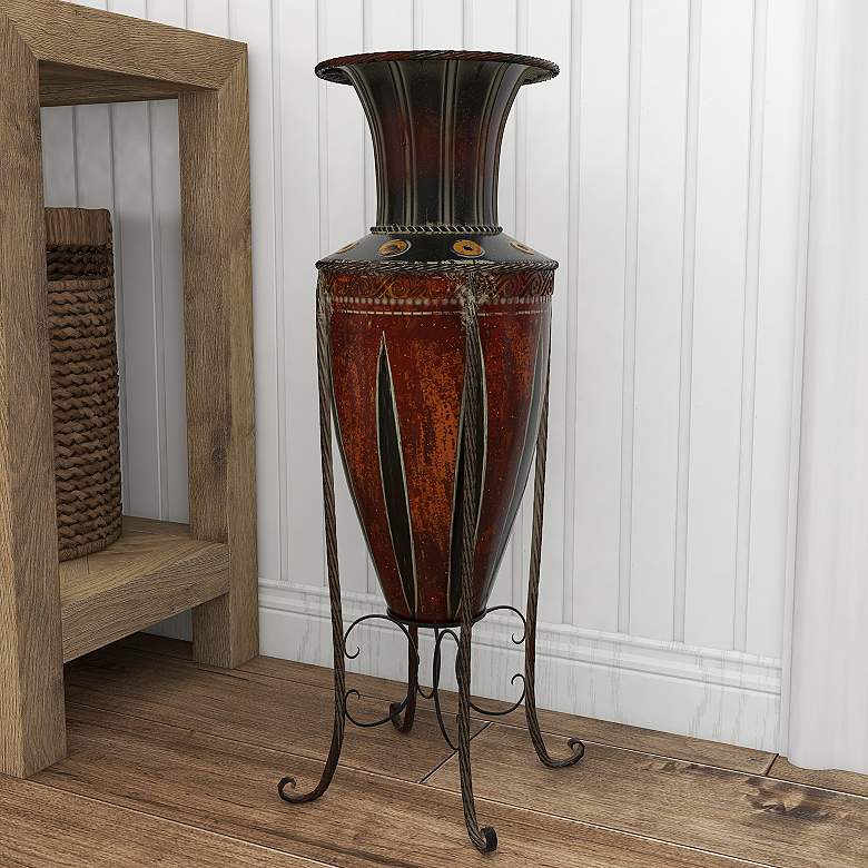 Image 1 Huard Distressed Brown 26 1/2"H Amphora Vase w/ Metal Stand