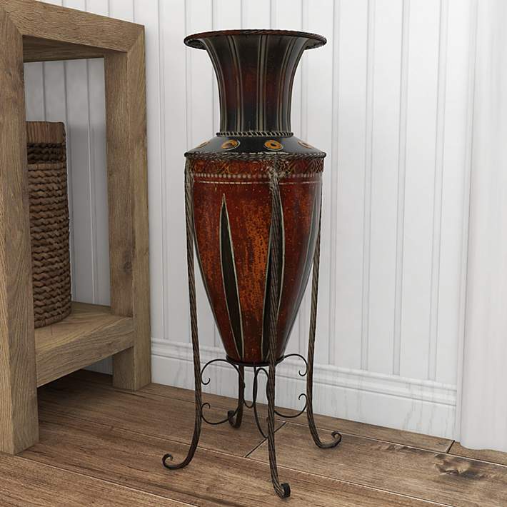 Huard Distressed Brown 26 1/2H Amphora Vase w/ Metal Stand