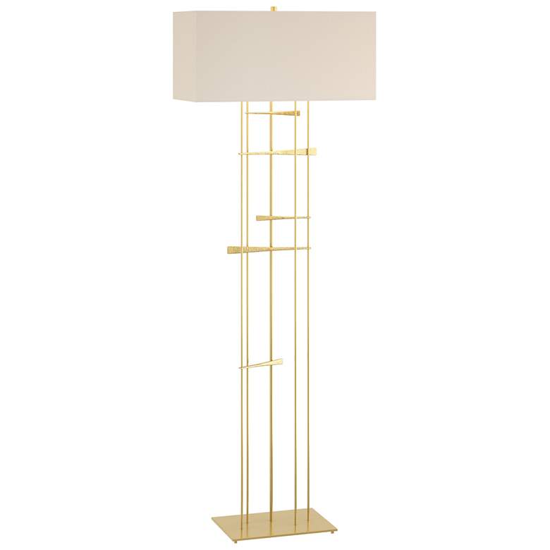 Image 1 Hubbardton Forge Cavaletti 65 1/4 inch Flax Shade and Brass Floor Lamp