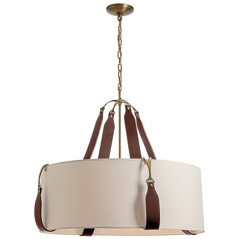 Image 1 Hubbardton Forge Saratoga 32" Wide Leather and Antique Brass Pendant