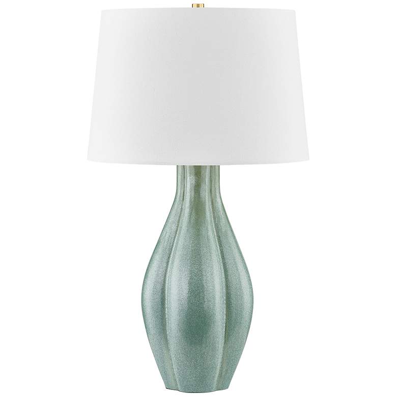 Image 1 Hudson Valley Galloway 18" 1 Lt. Aged Brass/Ceramic Moss Ivory Table L