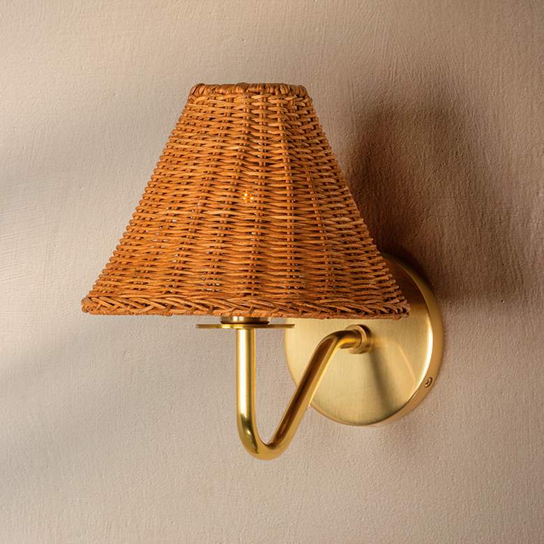 Image 1 Hudson Valley Issa 10" High Aged Brass and Rattan Wall Sconce