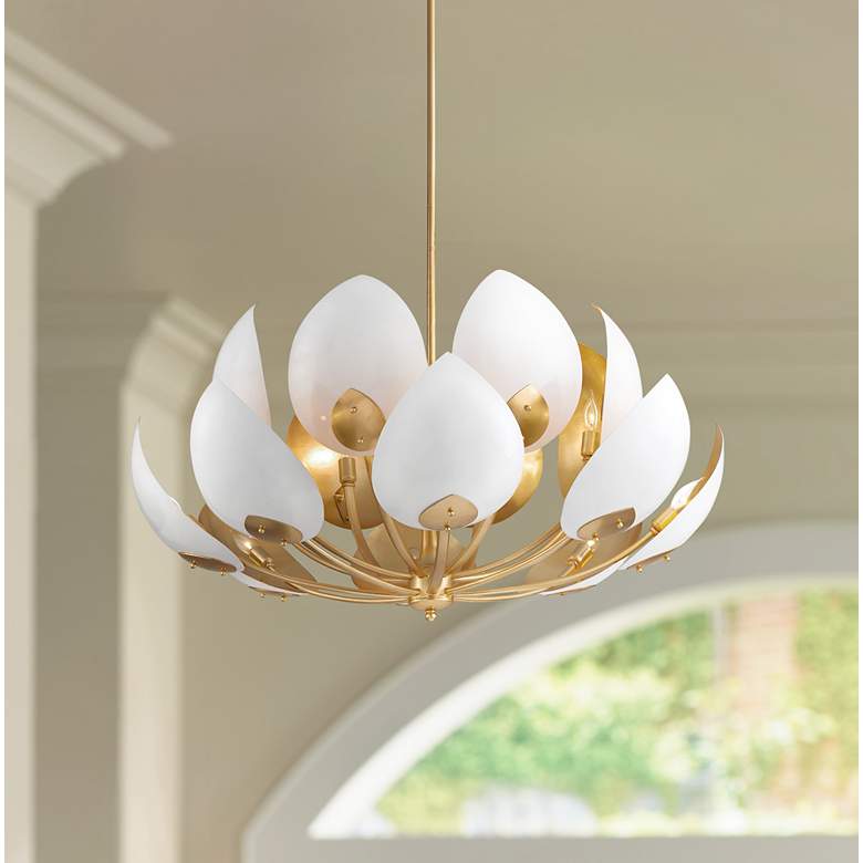 Image 1 Hudson Valley Lotus 38 1/2"W Gold Leaf and White Chandelier