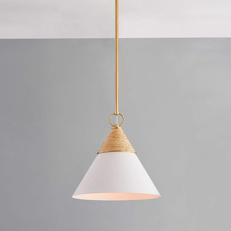 Image 4 Hudson Valley Mica 13" Wide Aged Brass and White Metal Cone Pendant more views