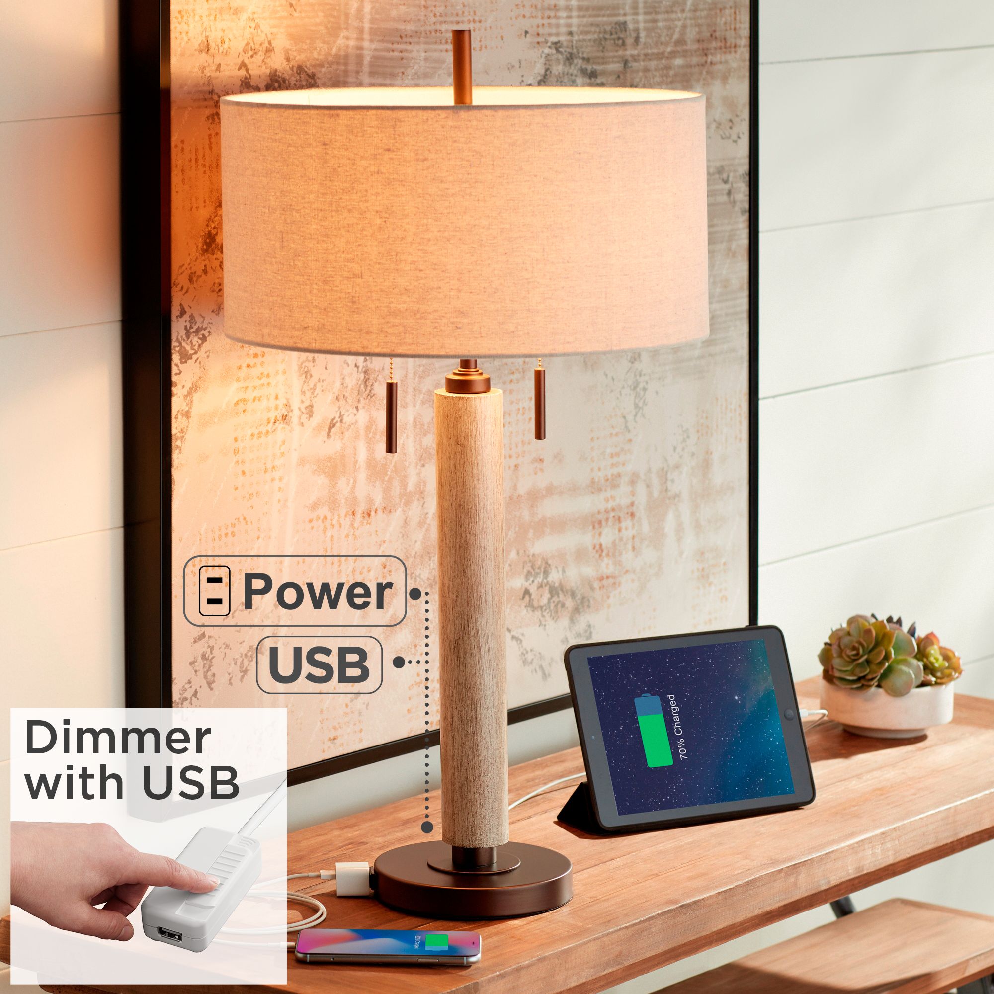 Hugo Whitewashed Wood Column USB Table Lamp With Dimmer - #459M0