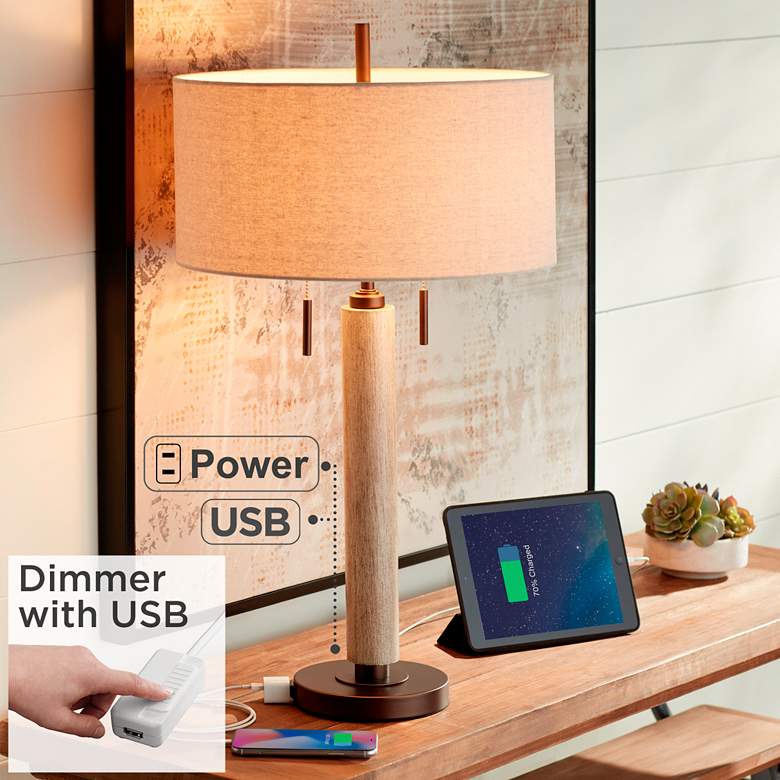 Image 1 Hugo Whitewashed Wood Column USB Table Lamp With Dimmer