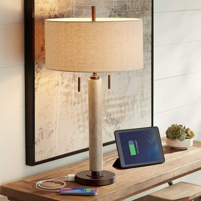 Image 2 Hugo Whitewashed Wood Column USB Table Lamp With Dimmer