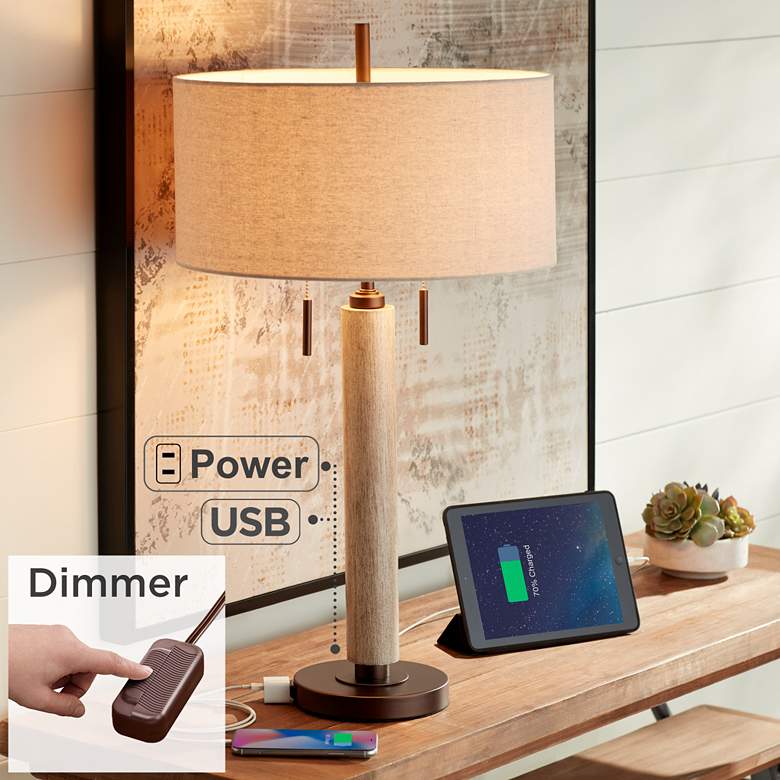 Hugo Wood Column USB Table Lamp with Table Top Dimmer