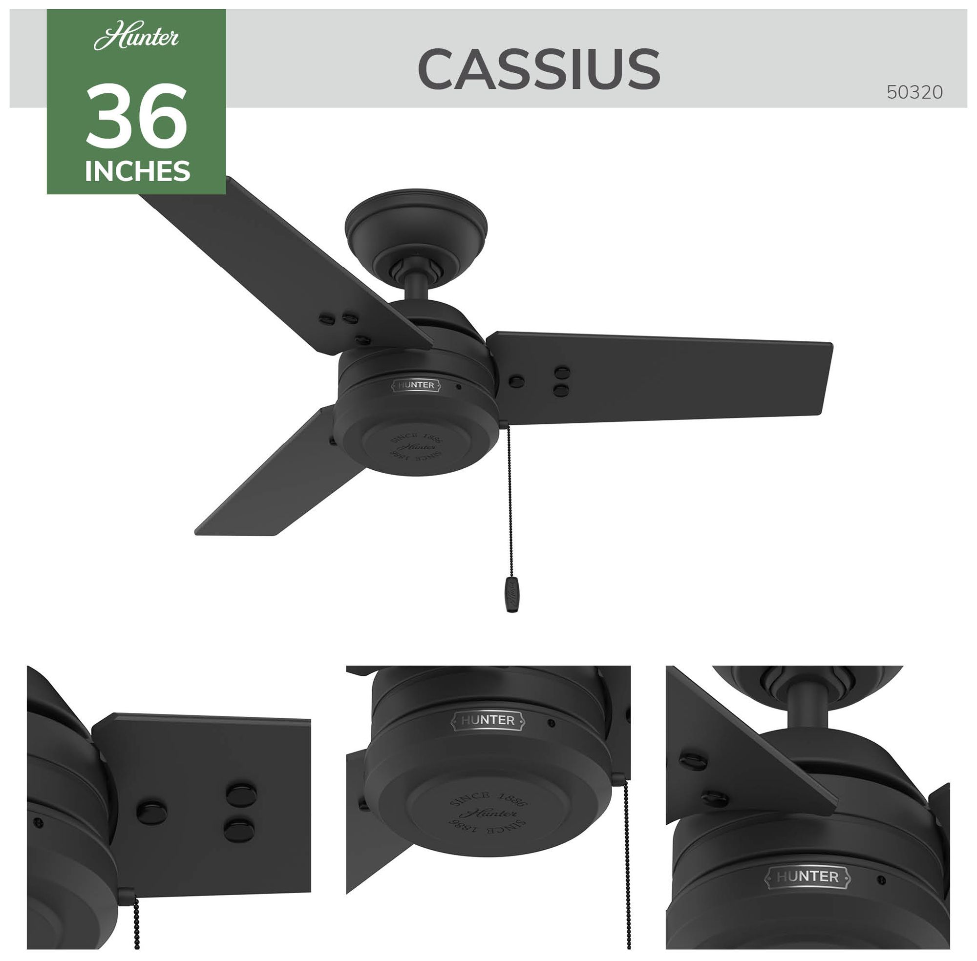Image 4 Hunter 36" Cassius Matte Black Fan with Matte Black/Dark Gray Oak Blades more views