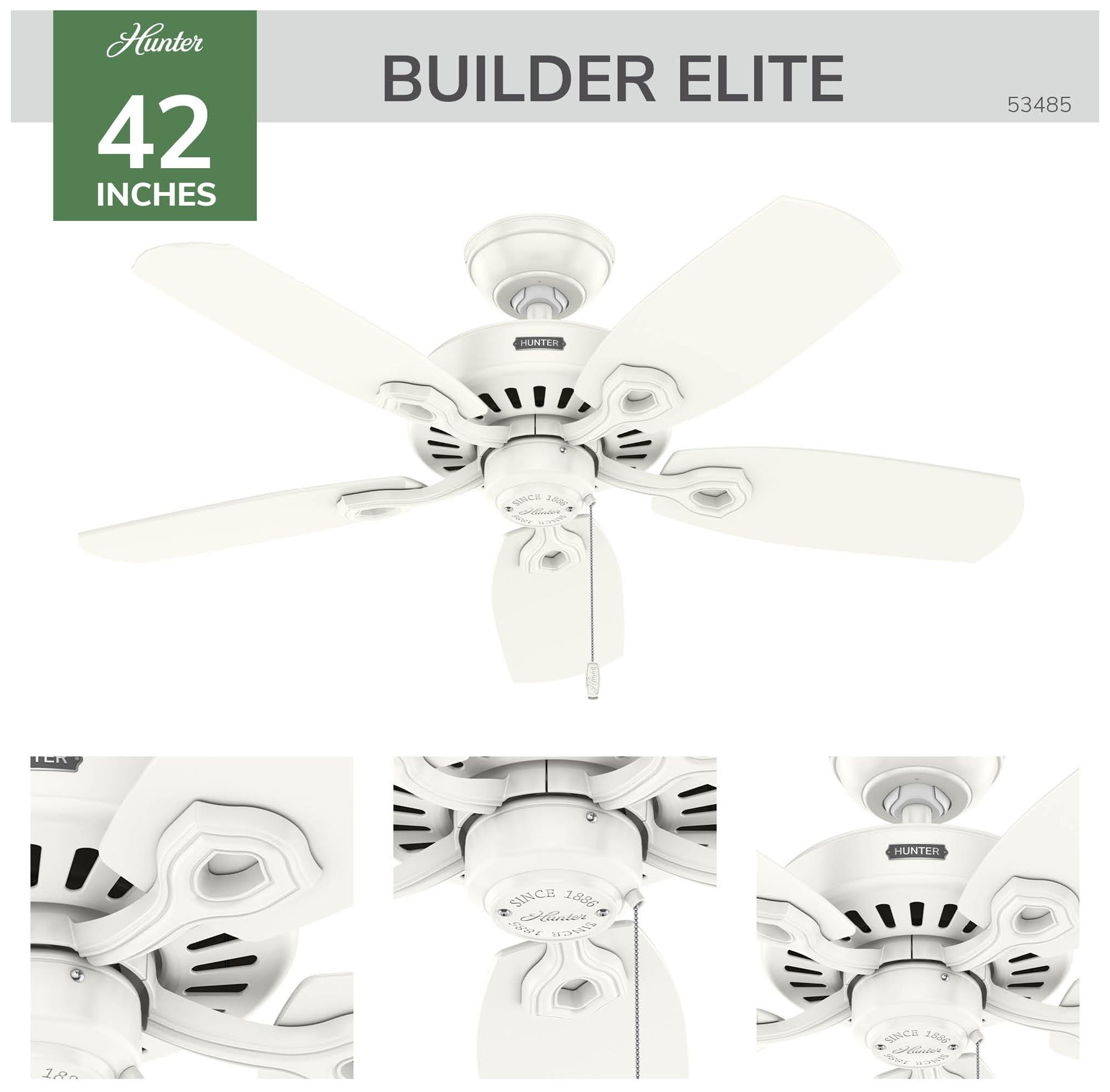 Thumbnail4 of Hunter 42 inch Builder Elite Fresh White Ceiling Fan and Pull Chain more views