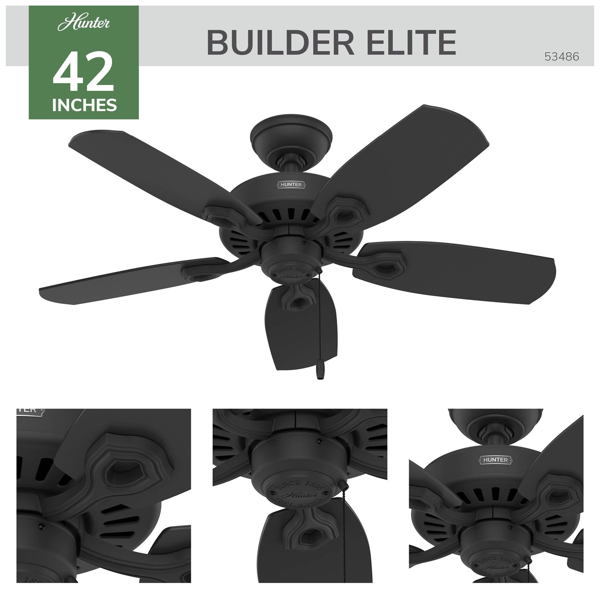 Thumbnail4 of Hunter 42 inch Builder Elite Matte Black Ceiling Fan and Pull Chain more views