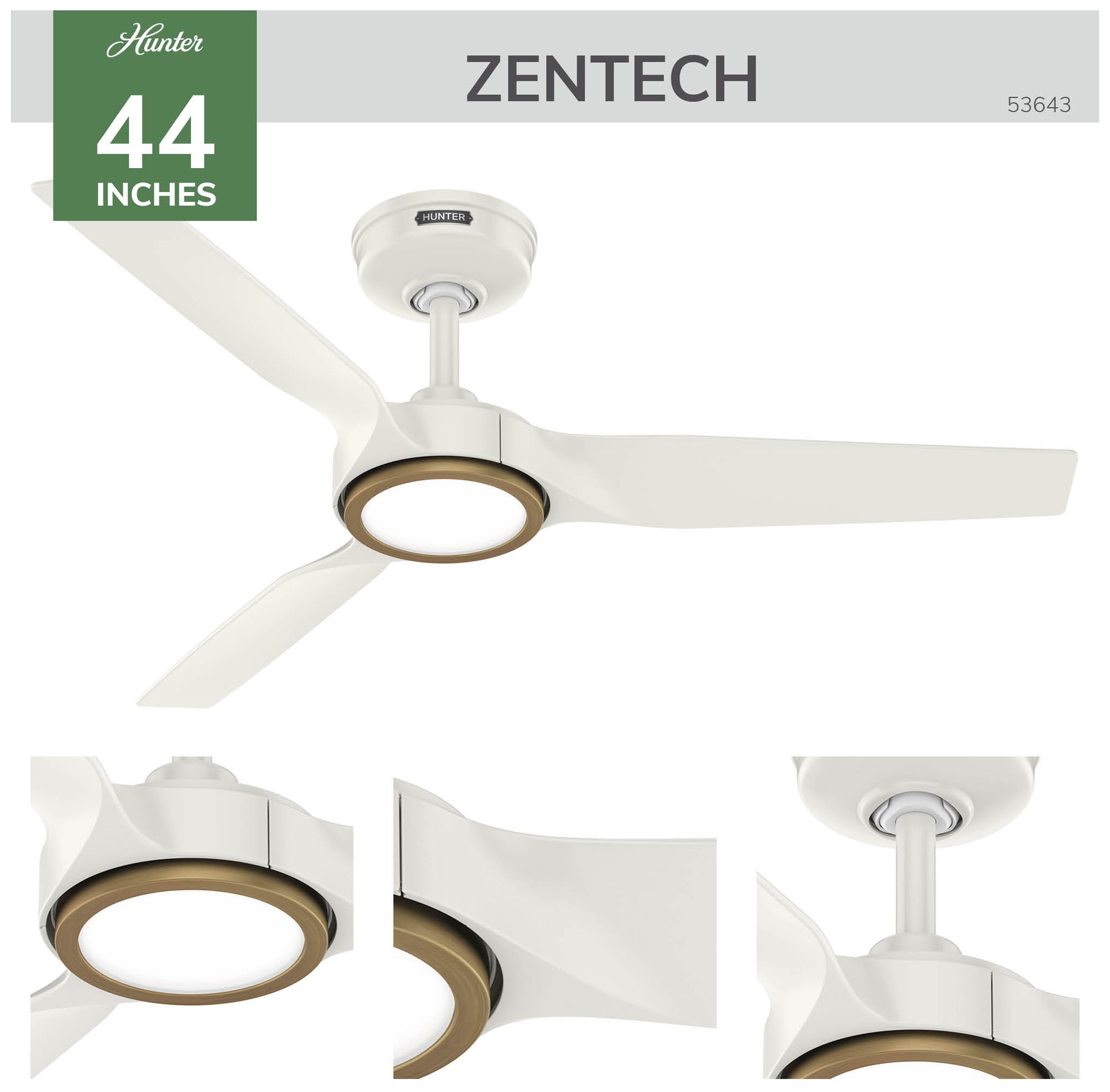 Image 4 Hunter 44 inch 3 Blade ZenTech Wi-Fi Fresh White Damp Rated Ceiling Fan more views