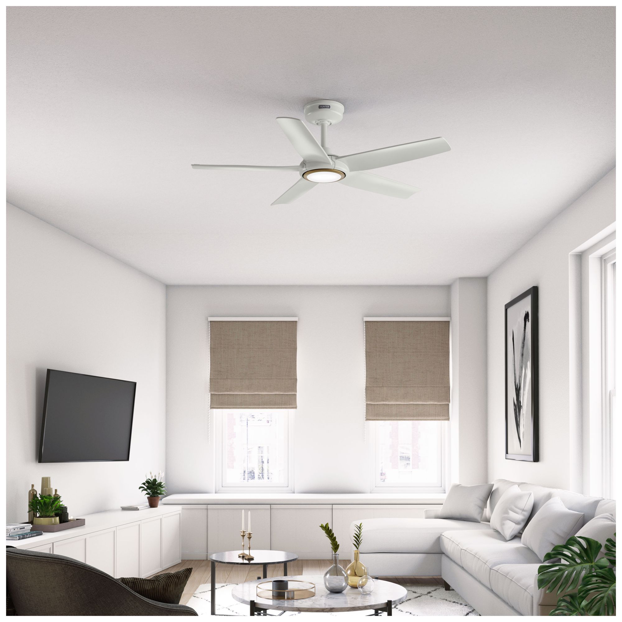 Image 2 Hunter 44 inch 5 Blade ZenTech Wi-Fi Fresh White Damp Rated Ceiling Fan more views