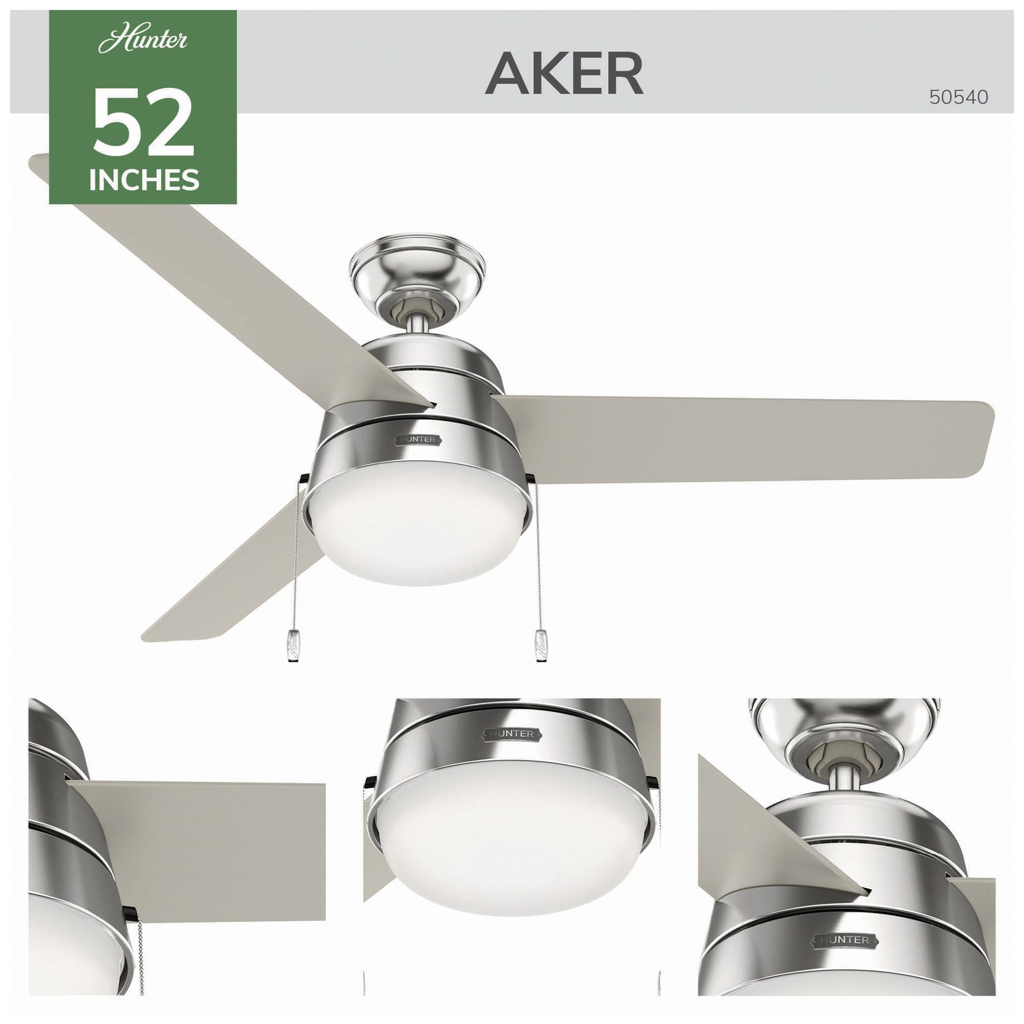 Thumbnail4 of Hunter 52" Aker Brushed Nickel Ceiling Fan with Light Kit and Pull Chain more views