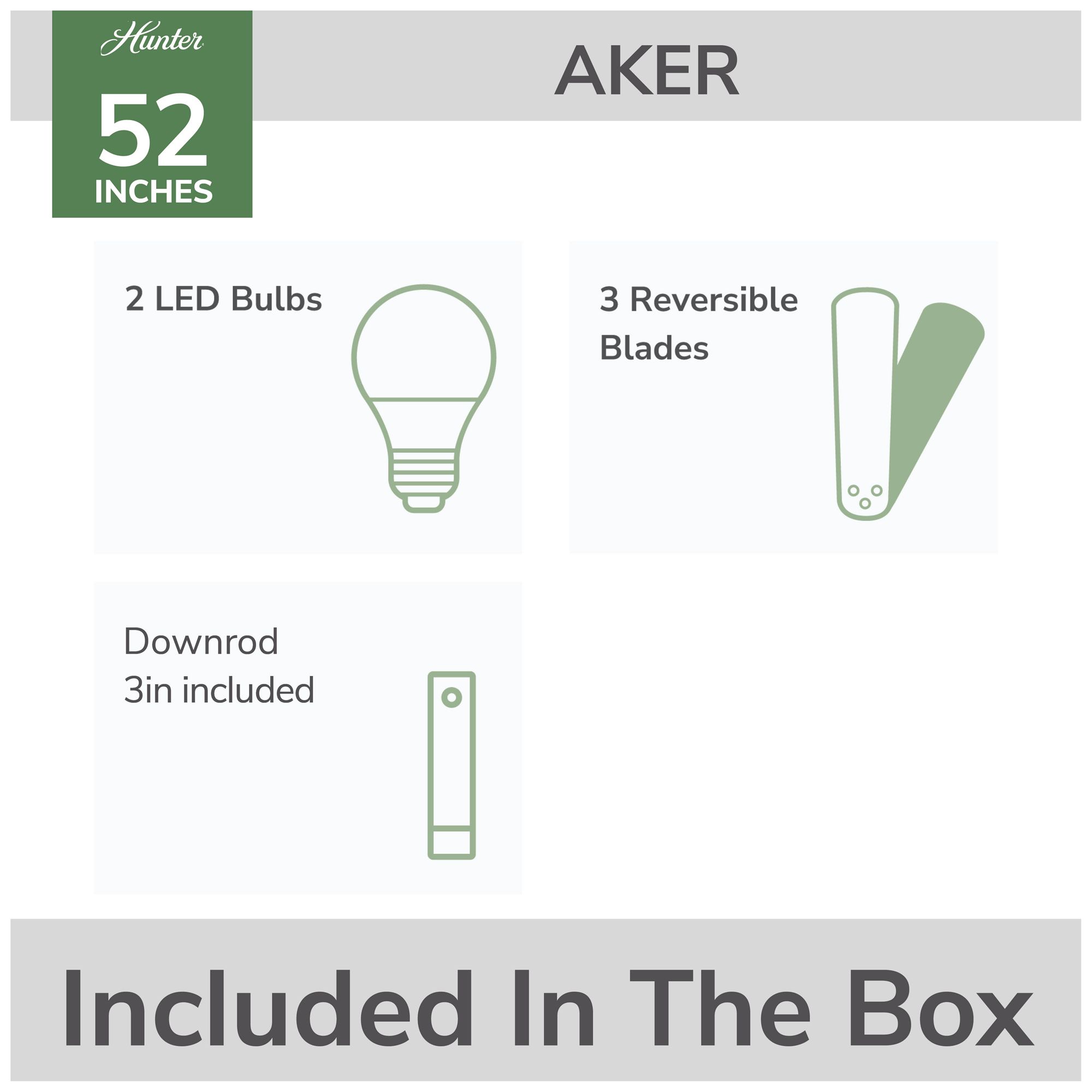 Hunter 52" Aker Brushed Nickel Ceiling Fan with Light Kit and Pull Chain