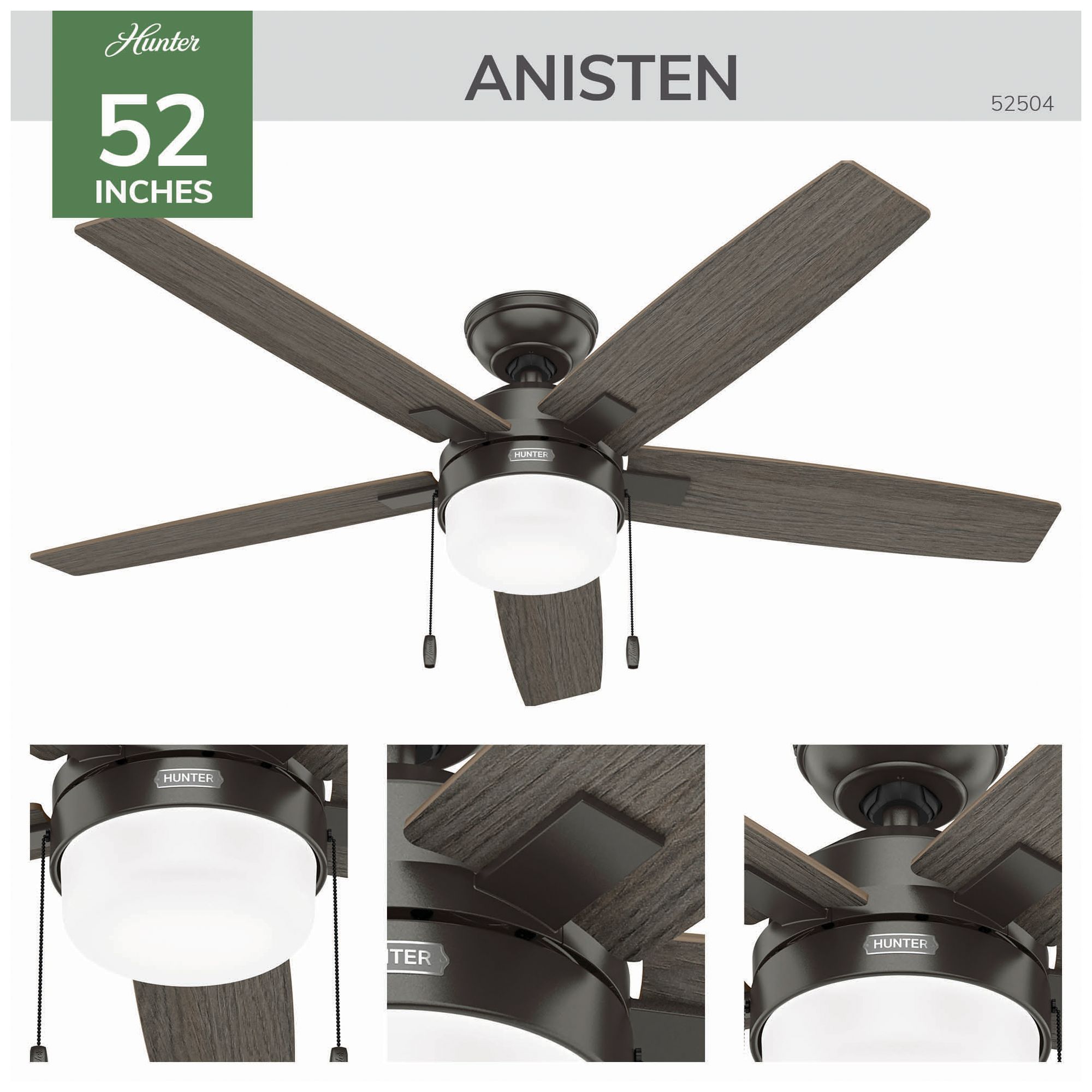 Image 4 Hunter 52" Anisten Noble Bronze Fan with Grey Walnut/Warm Grey Oak Blades more views