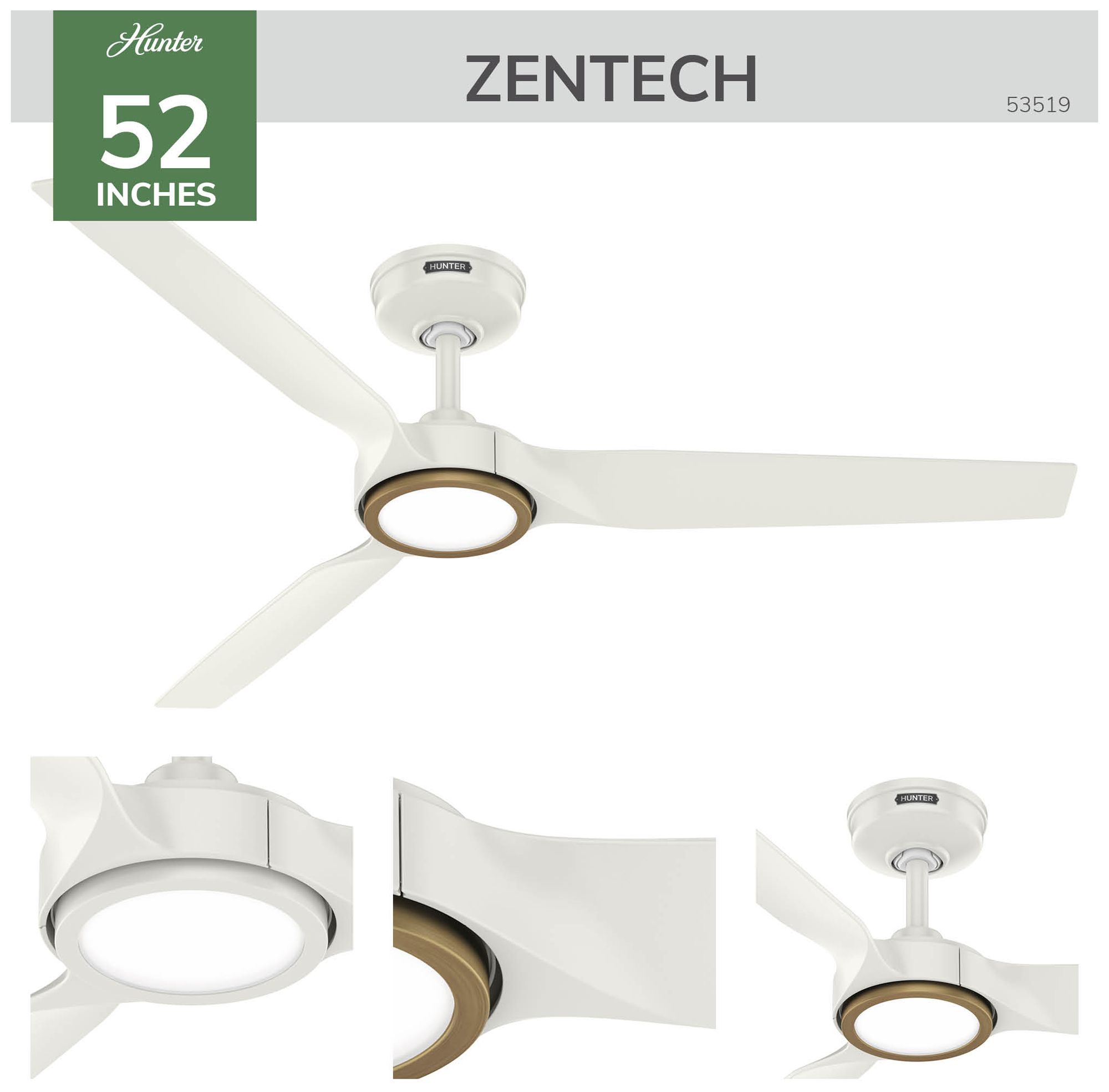 Image 4 Hunter 52 inch 3 Blade Zentech Wi-Fi Fresh White Damp Rated Fan more views
