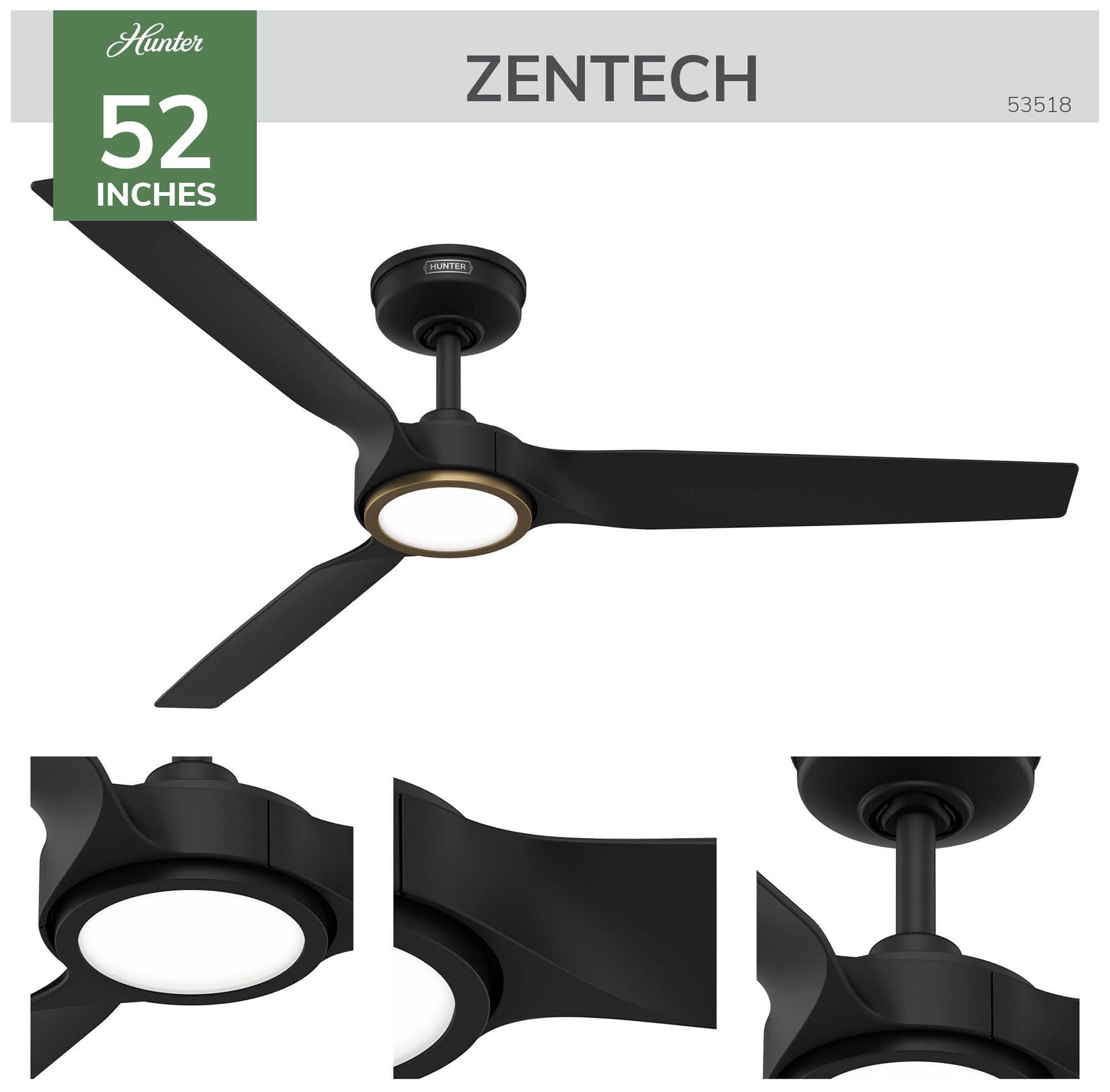 Image 4 Hunter 52 inch 3 Blade Zentech Wi-Fi Matte Black Damp Rated Ceiling Fan more views
