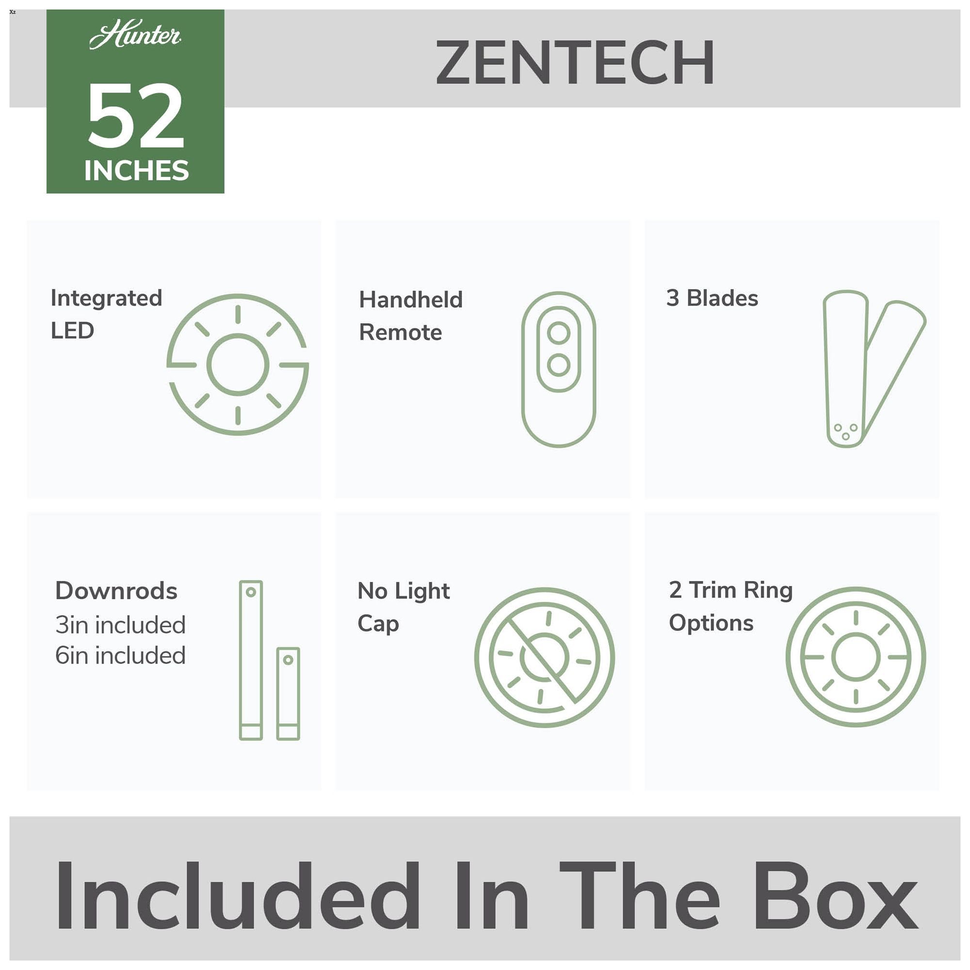 Hunter 52 inch 3 Blade Zentech Wi-Fi Matte Black Damp Rated Ceiling Fan