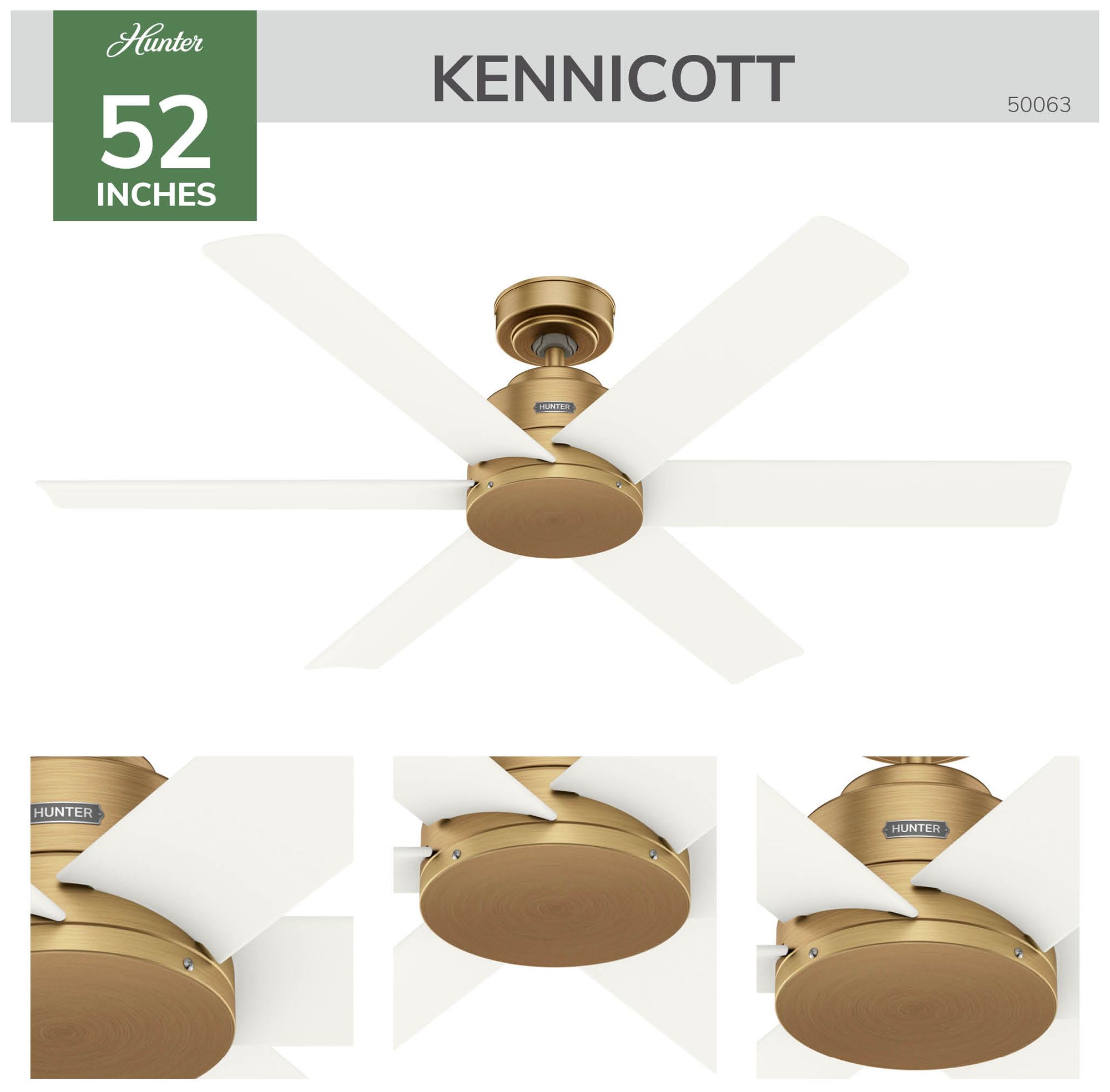 Hunter 52 inch Kennicott Luxe Gold Damp Rated Ceiling Fan and Wall Control
