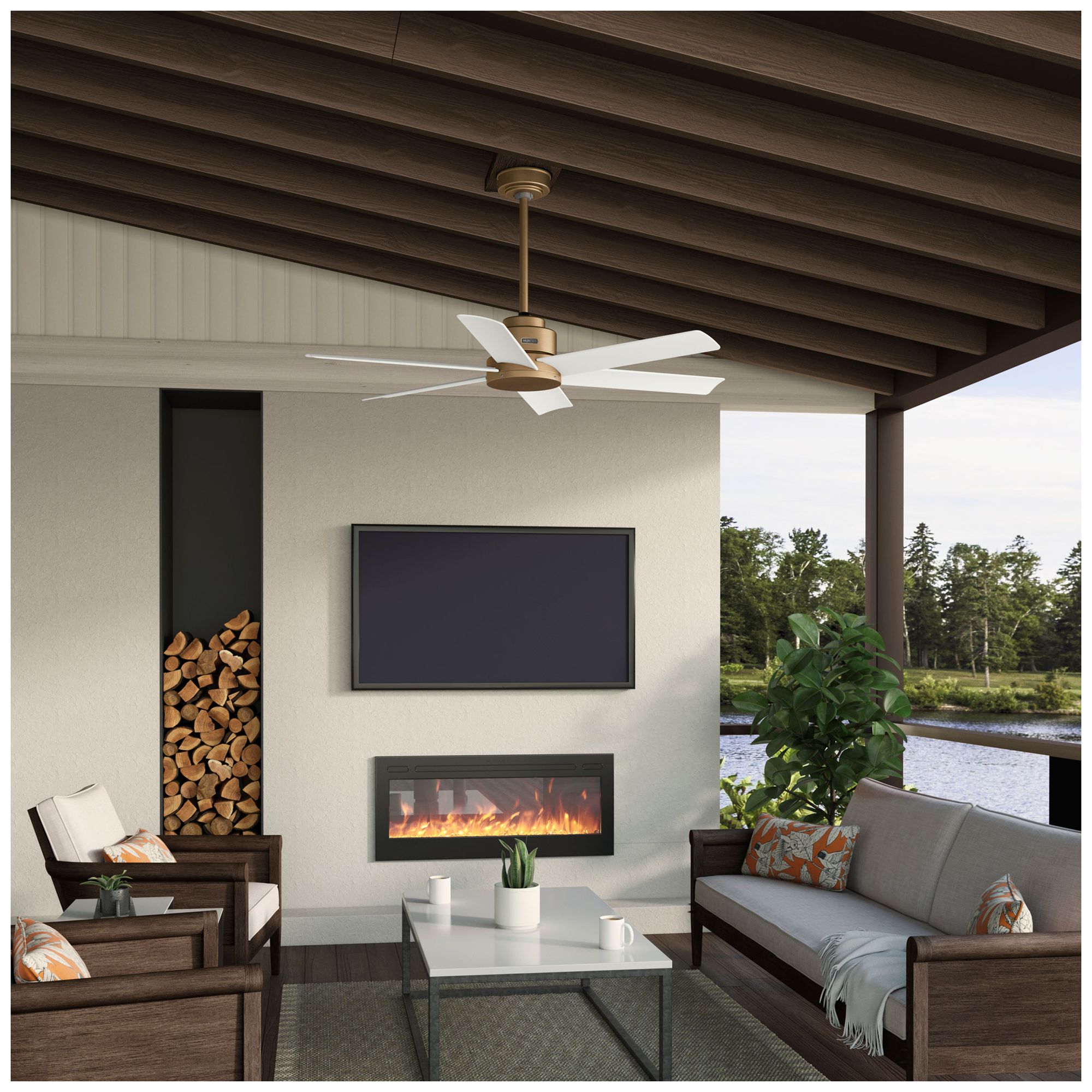 Hunter 52 inch Kennicott Luxe Gold Damp Rated Ceiling Fan and Wall Control