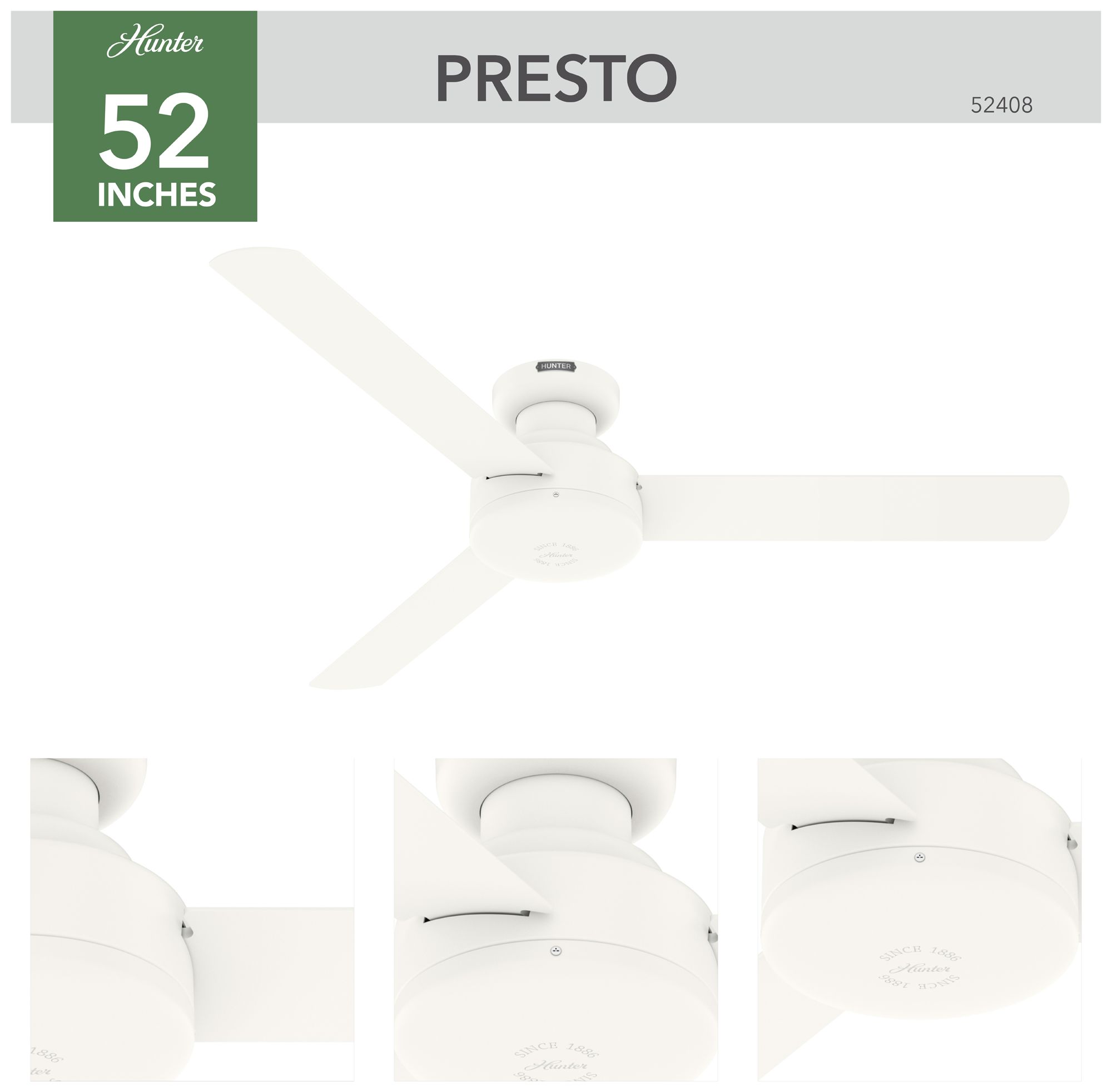 Image 6 Hunter 52 inch Presto Matte White Low Profile Ceiling Fan and Wall Control more views