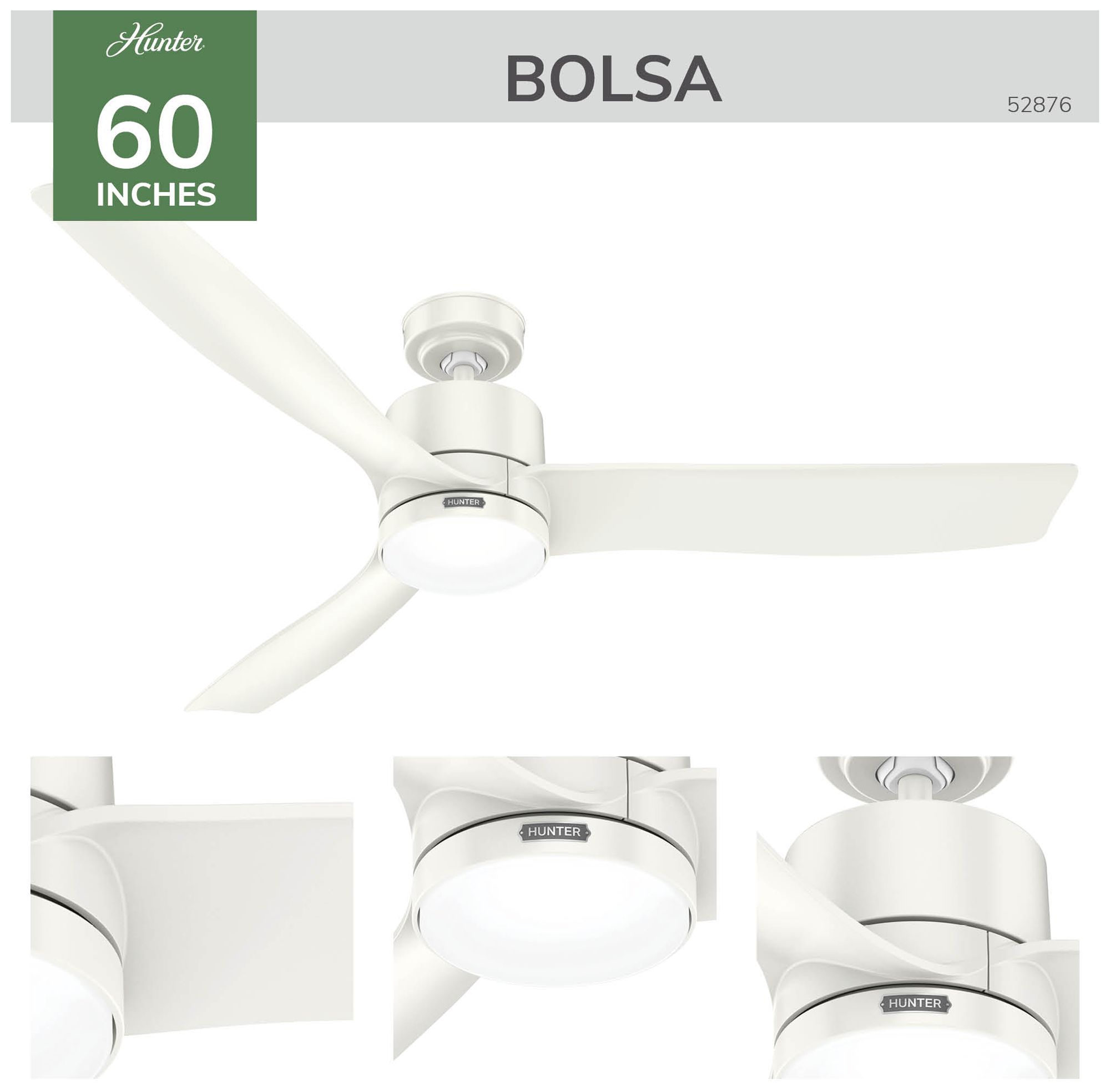 Image 6 Hunter 60" Bolsa Fresh White Fan with LED Light Kit and Handheld Remote more views