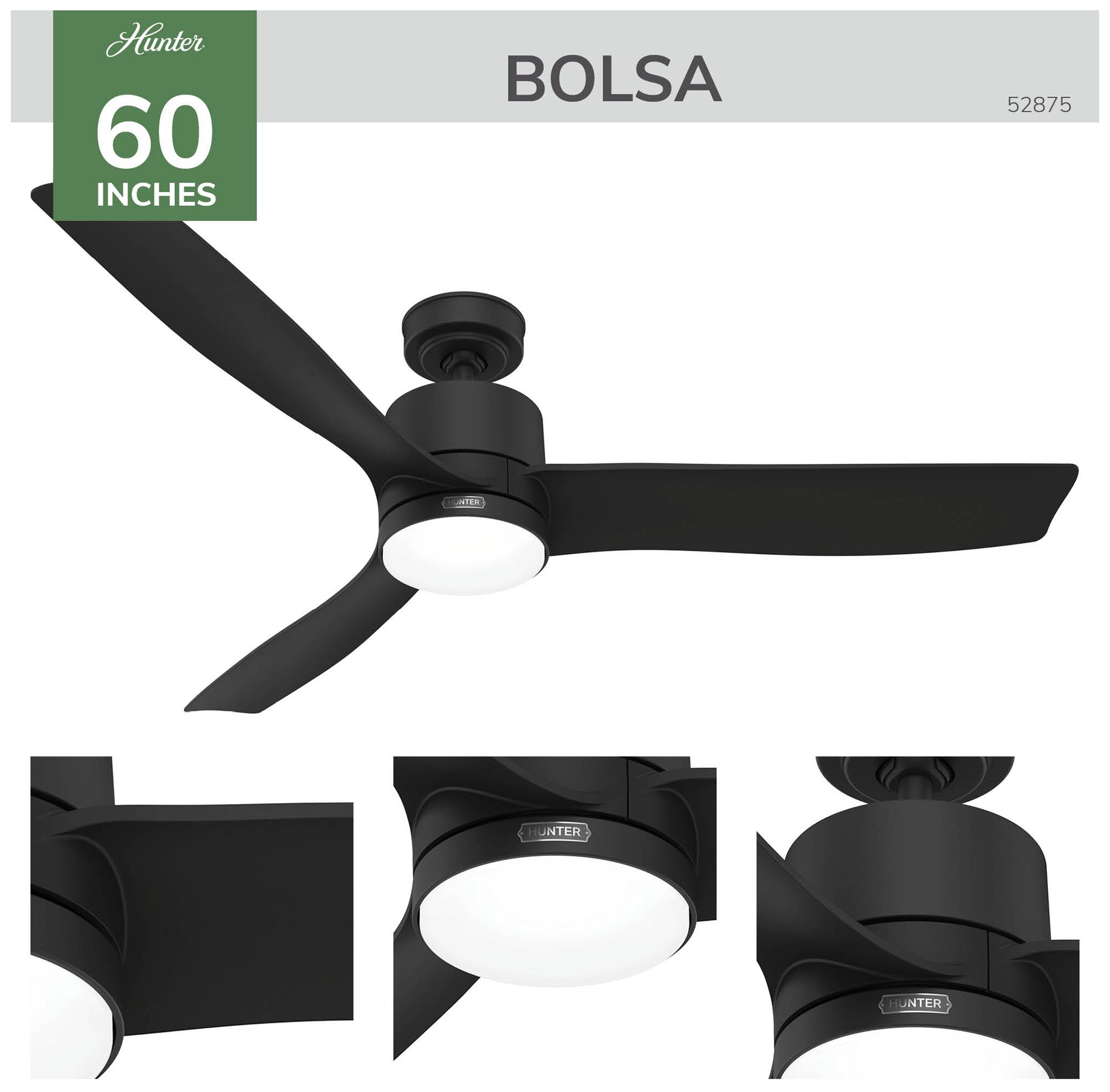 Image 6 Hunter 60" Bolsa Matte Black Fan with LED Light Kit and Handheld Remote more views