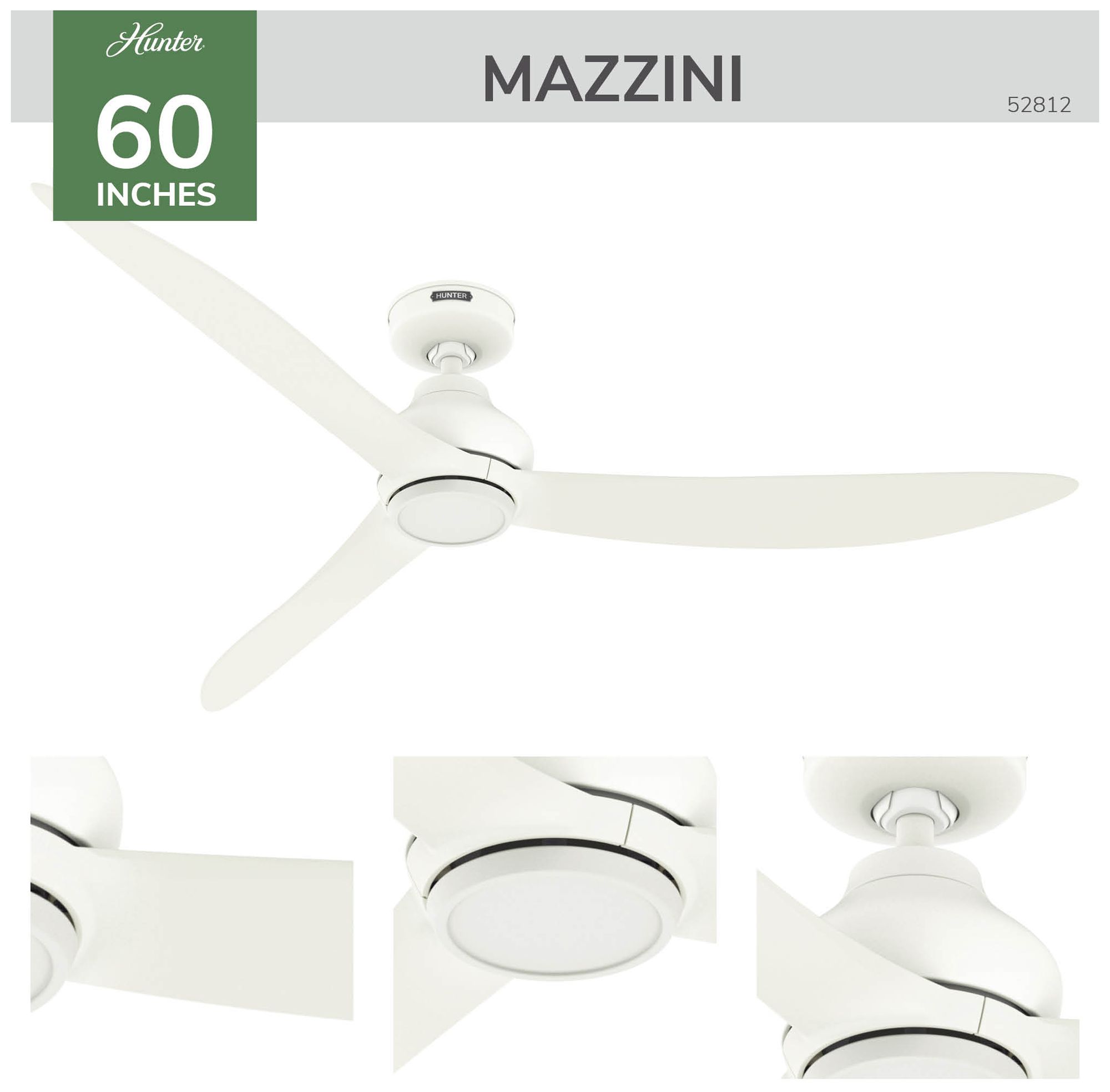 Image 6 Hunter 60" Mazzini Matte White Damp Rated Ceiling Fan and Handheld Remote more views
