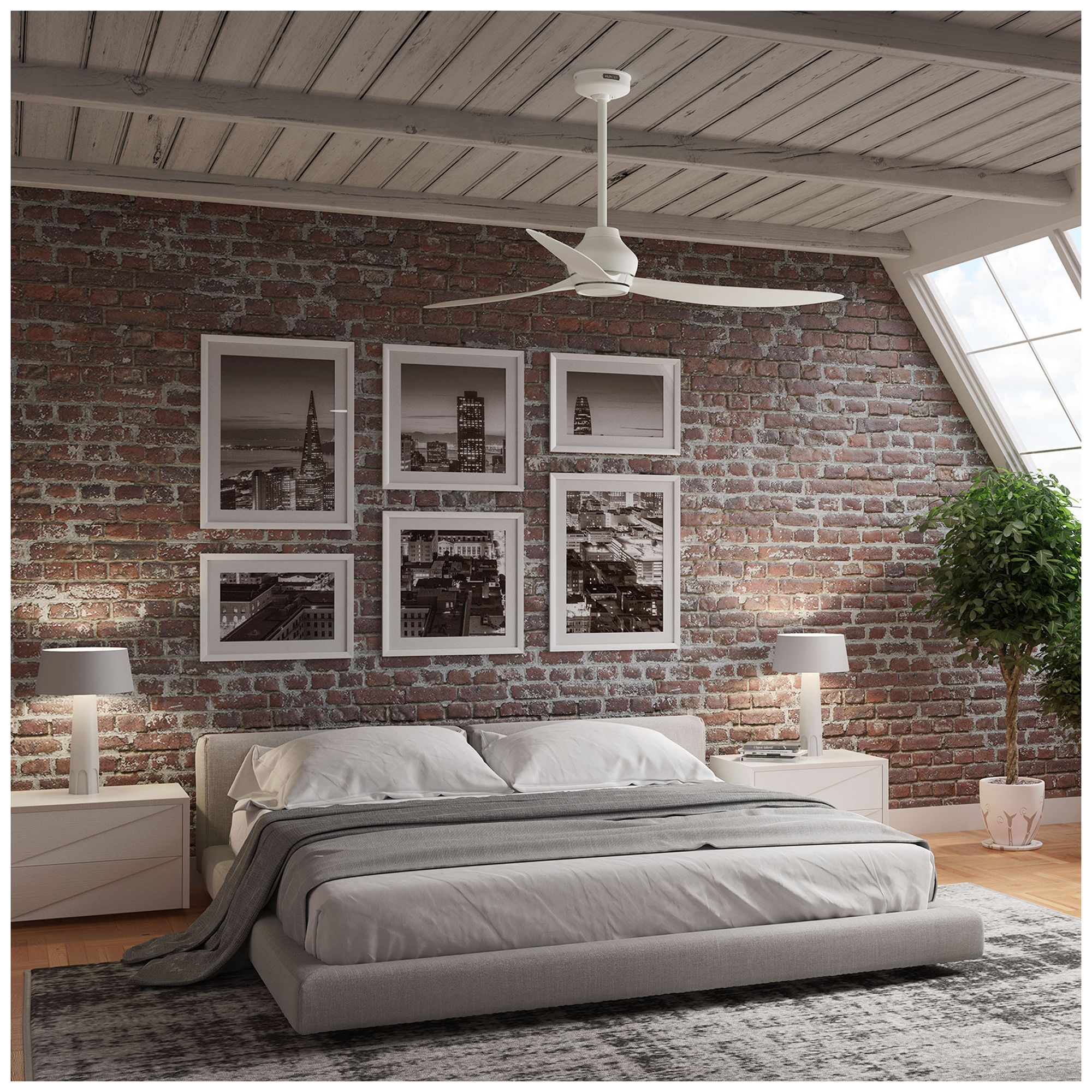 Hunter 60" Mazzini Matte White Damp Rated Ceiling Fan and Handheld Remote