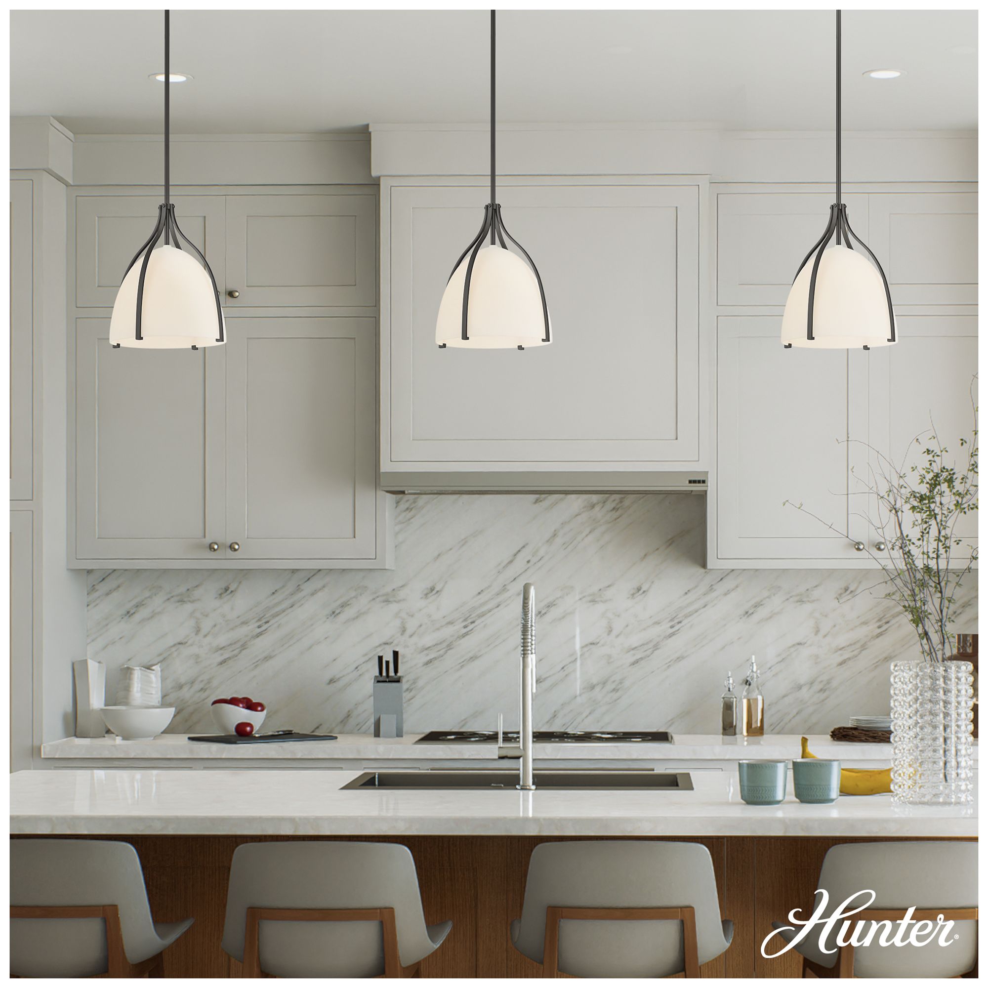 Image 3 Hunter Arcelia Matte Black with Cased White Glass 1 Light Pendant more views