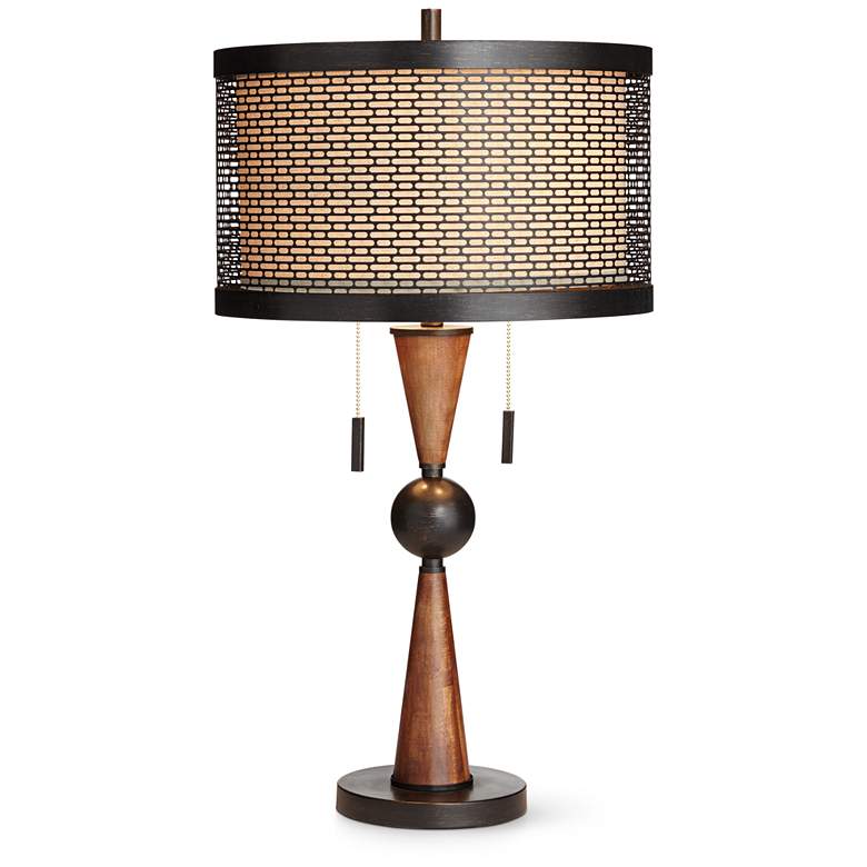 Image 2 Hunter Bronze and Cherry Wood Modern Table Lamp with USB Dimmer