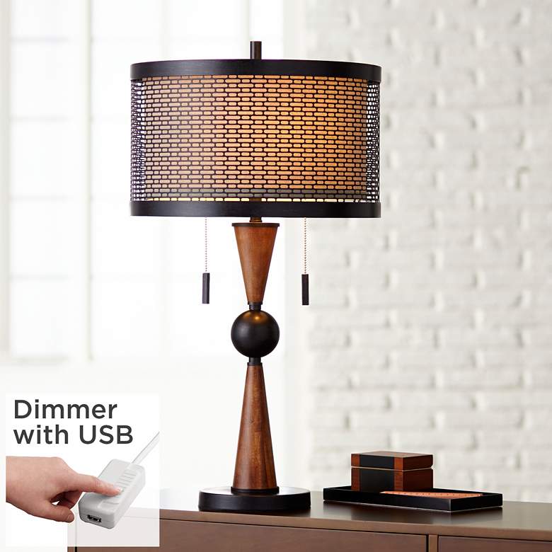 Image 1 Hunter Bronze and Cherry Wood Modern Table Lamp with USB Dimmer