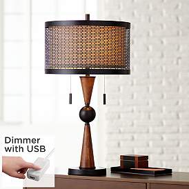 Image1 of Hunter Bronze and Cherry Wood Modern Table Lamp with USB Dimmer