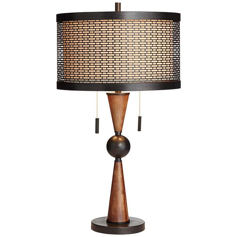 Image 2 Hunter Bronze and Cherry Wood Table Lamp with Table Top Dimmer