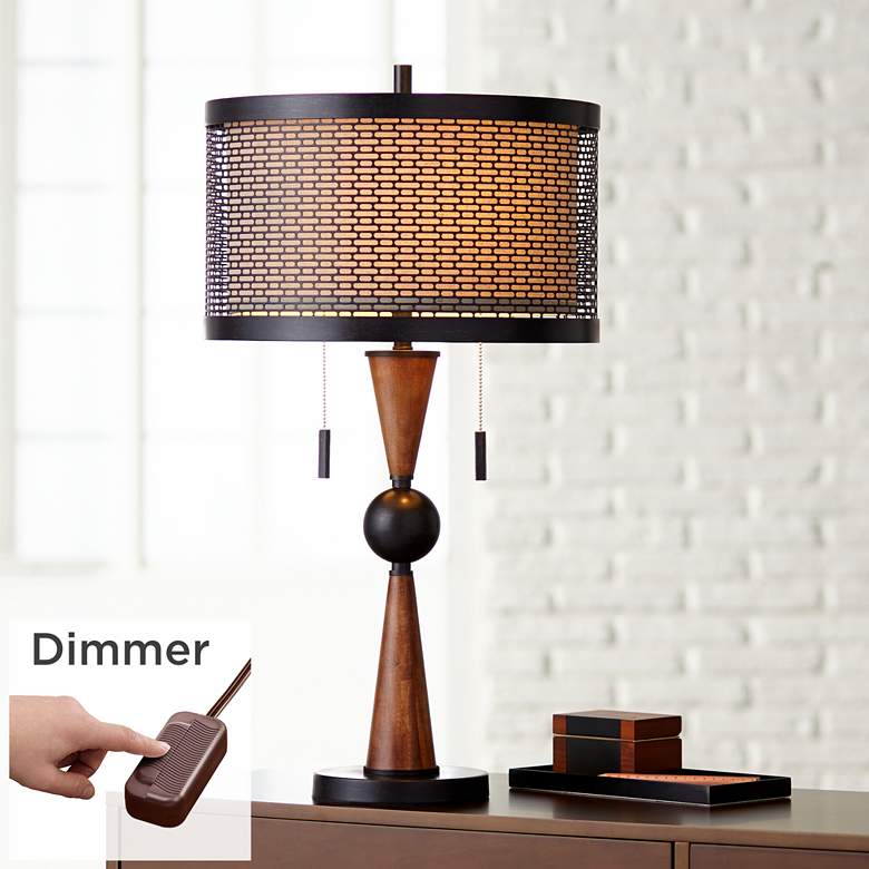 Image 1 Hunter Bronze and Cherry Wood Table Lamp with Table Top Dimmer